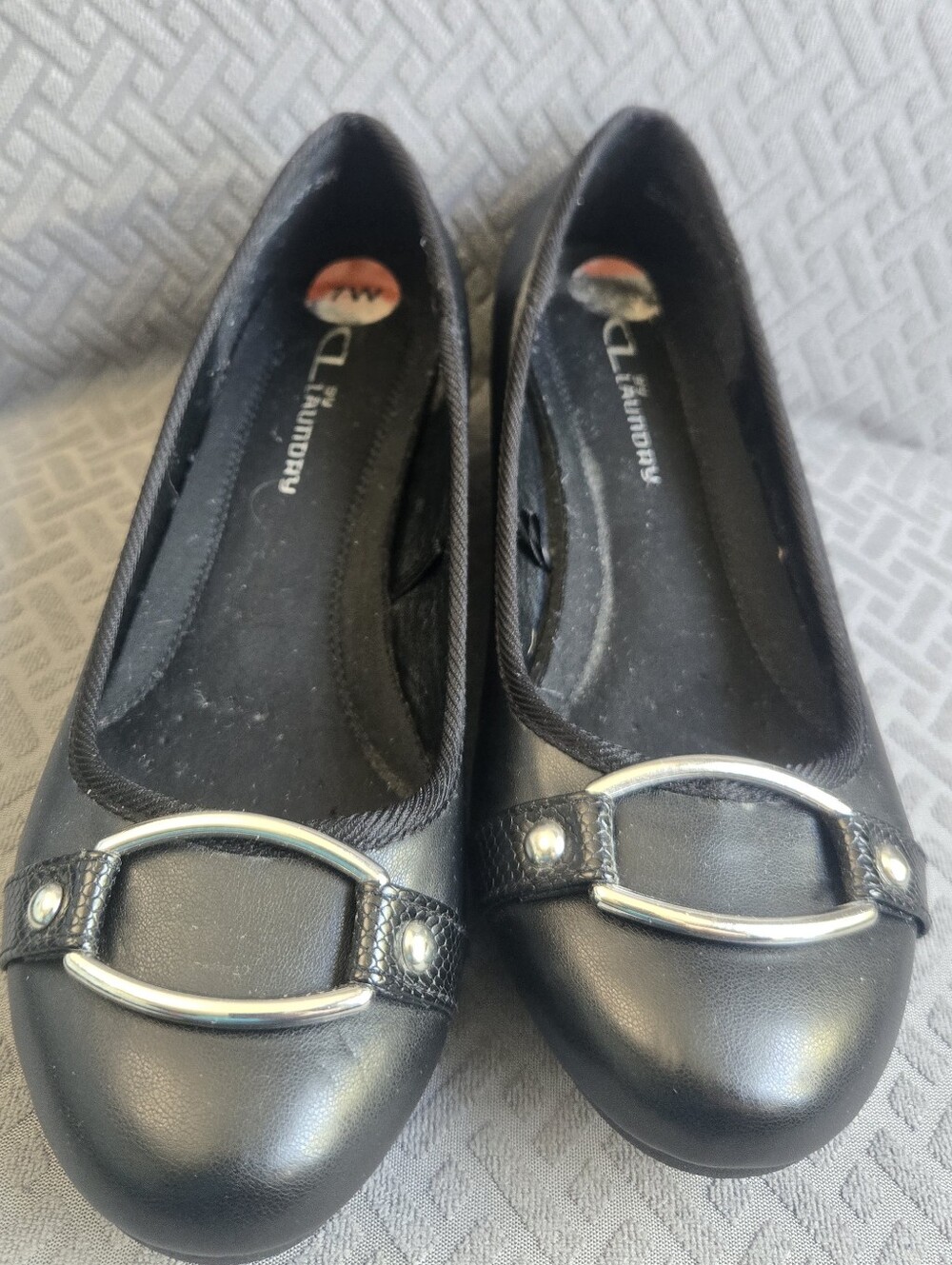 Leather-Look Black Ballet Flats with Silver Hardware